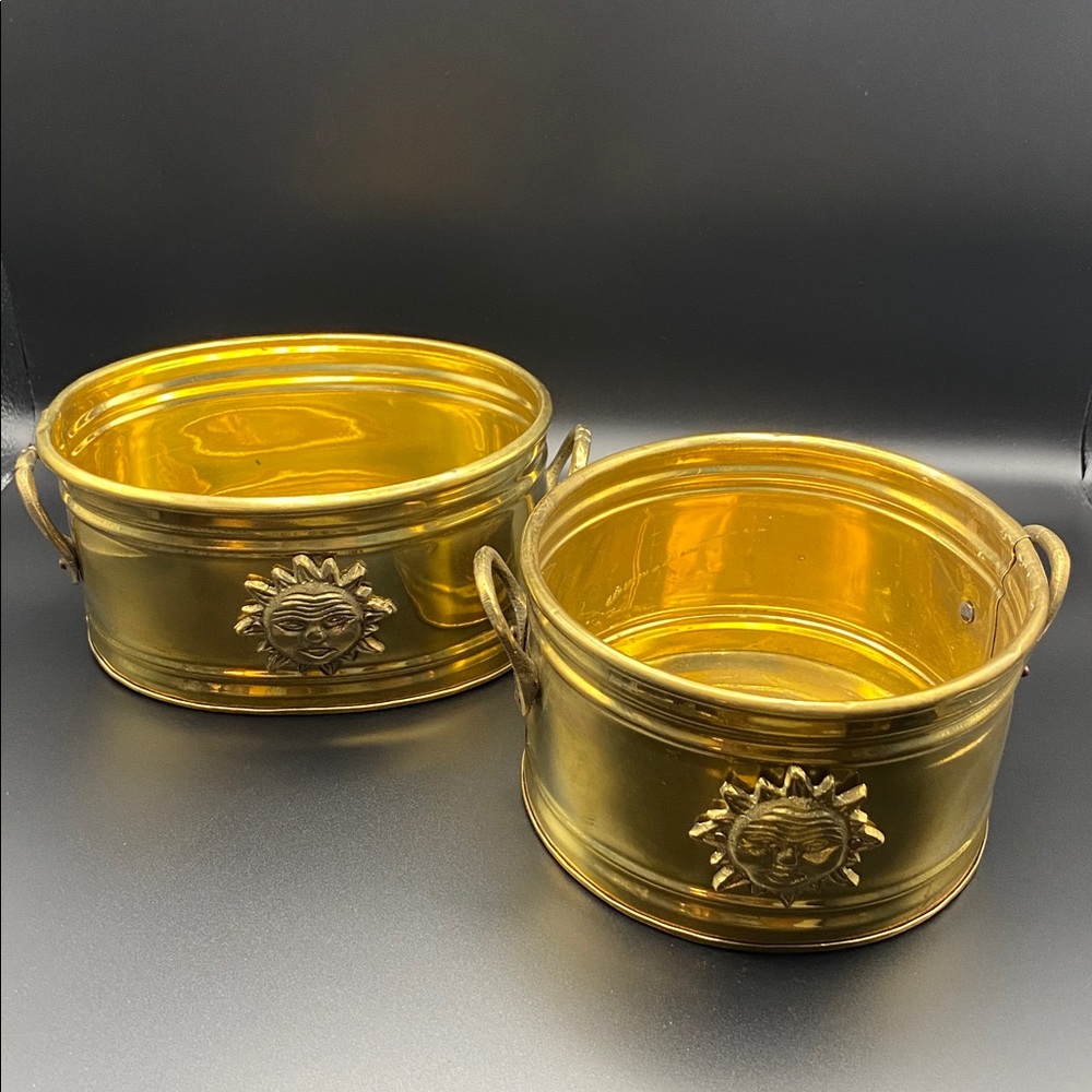 Vintage 80’s Brass Sun Motif Oval and Round Planter Set